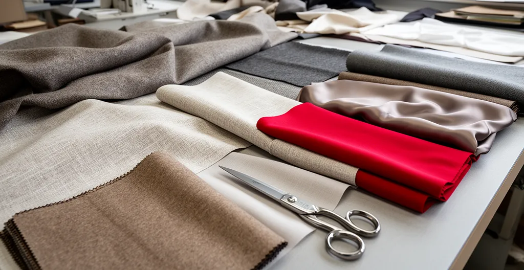 Échantillons de tissus luxueux disposés sur table d'atelier avec ciseaux de tailleur