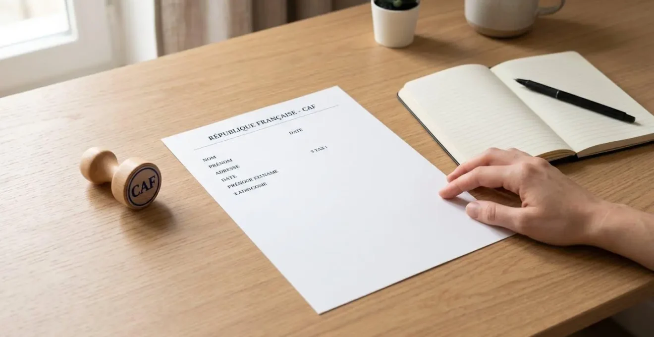 Bureau avec un formulaire administratif CAF vierge, un tampon officiel et une main s'apprêtant à remplir le document.